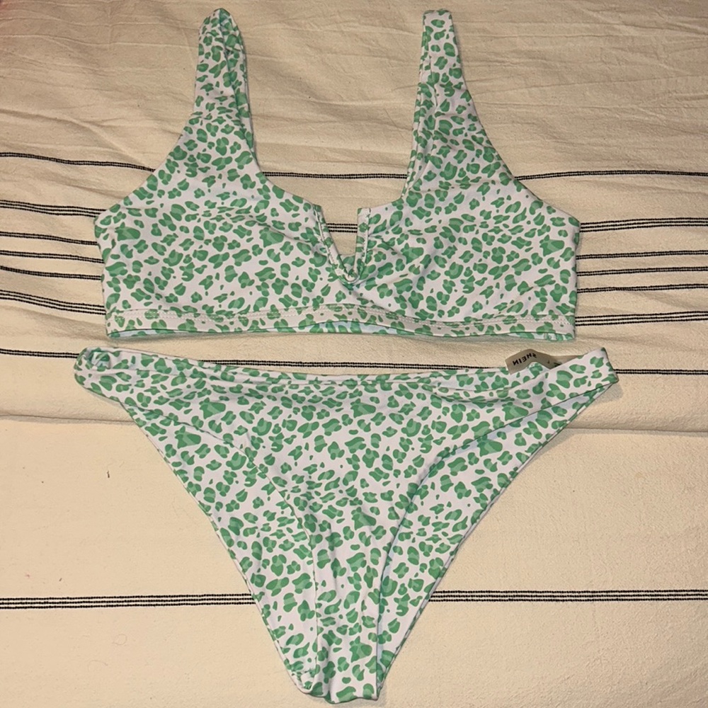 Green and white cheetah print bikini